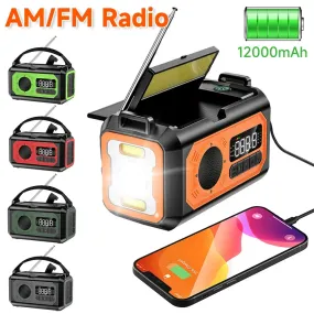 12000mAh Emergency AM/FM Radio Multifunction Portable Solar Hand Crank Radio with Flashlight Solar SOS Alarm for Outdoor Camping