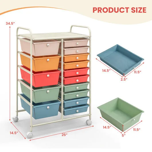 15-Drawer Utility Rolling Organizer Cart Multi-Use Storage-Deep Multicolor