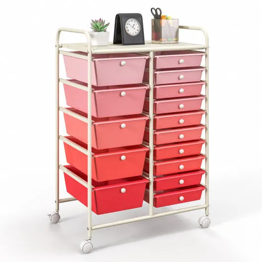 15-Drawer Utility Rolling Organizer Cart Multi-Use Storage-Pink