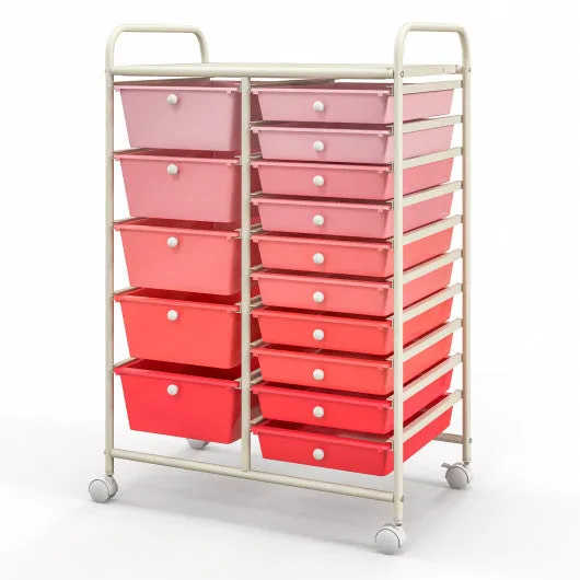 15-Drawer Utility Rolling Organizer Cart Multi-Use Storage-Pink