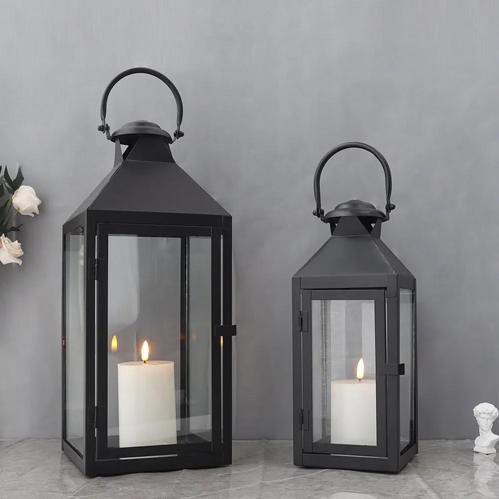 17.5"&13.5"High Set of 2 Metal Candle Lanterns(Black)