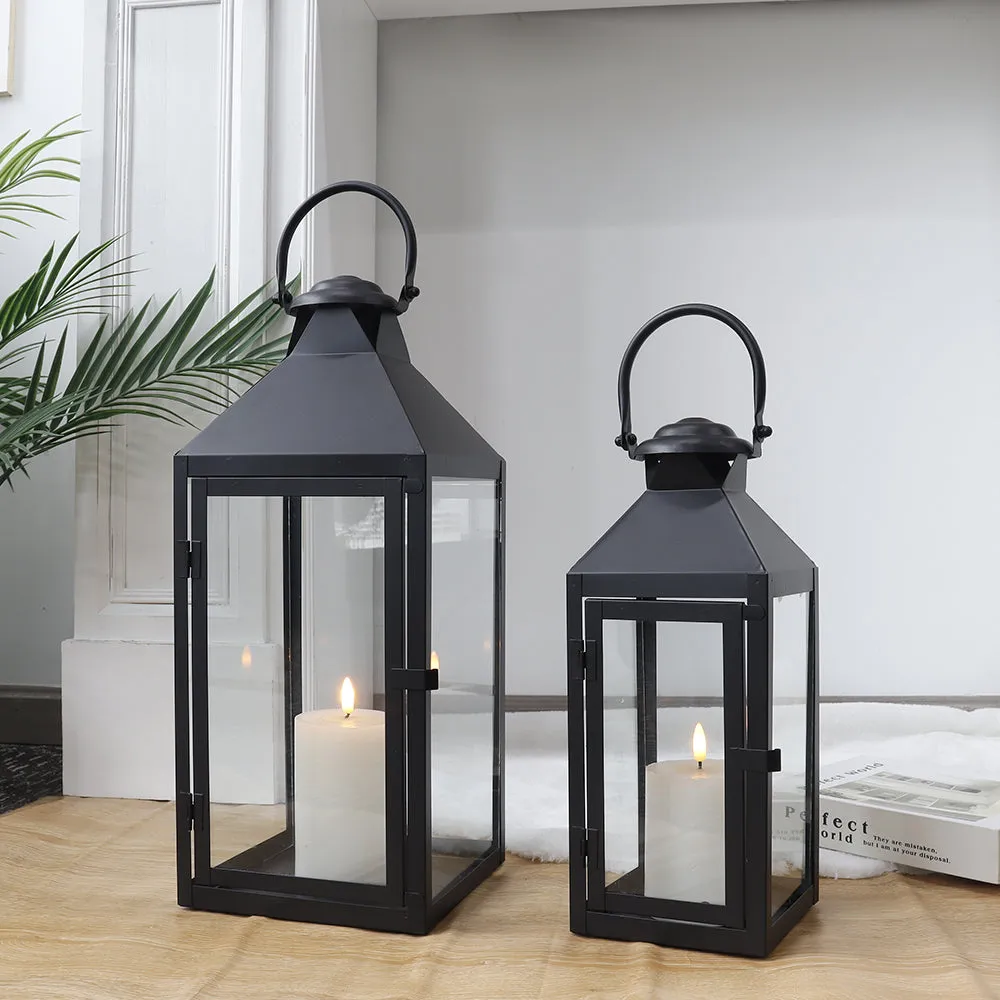 17.5"&13.5"High Set of 2 Metal Candle Lanterns(Black)