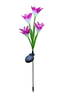 2 Pcs Beautiful Romantic Waterproof Solar Powered LED Simulation Lily Artificial Flower for Landscape With Stake For Outdoor Garden, Violet