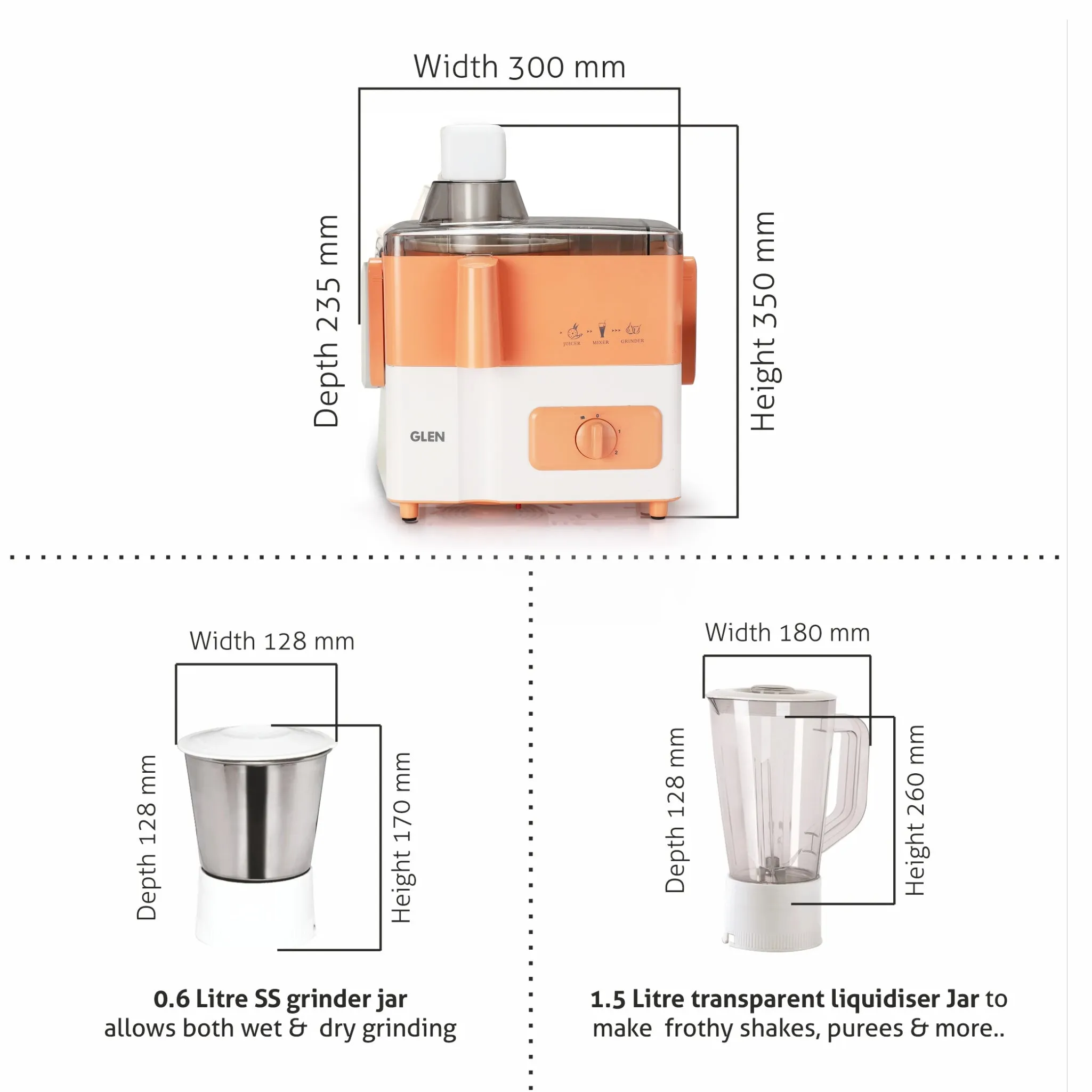 3-in-1 Juicer Mixer Grinder with 2 Jars 500 watt Power - SA4012JAR2