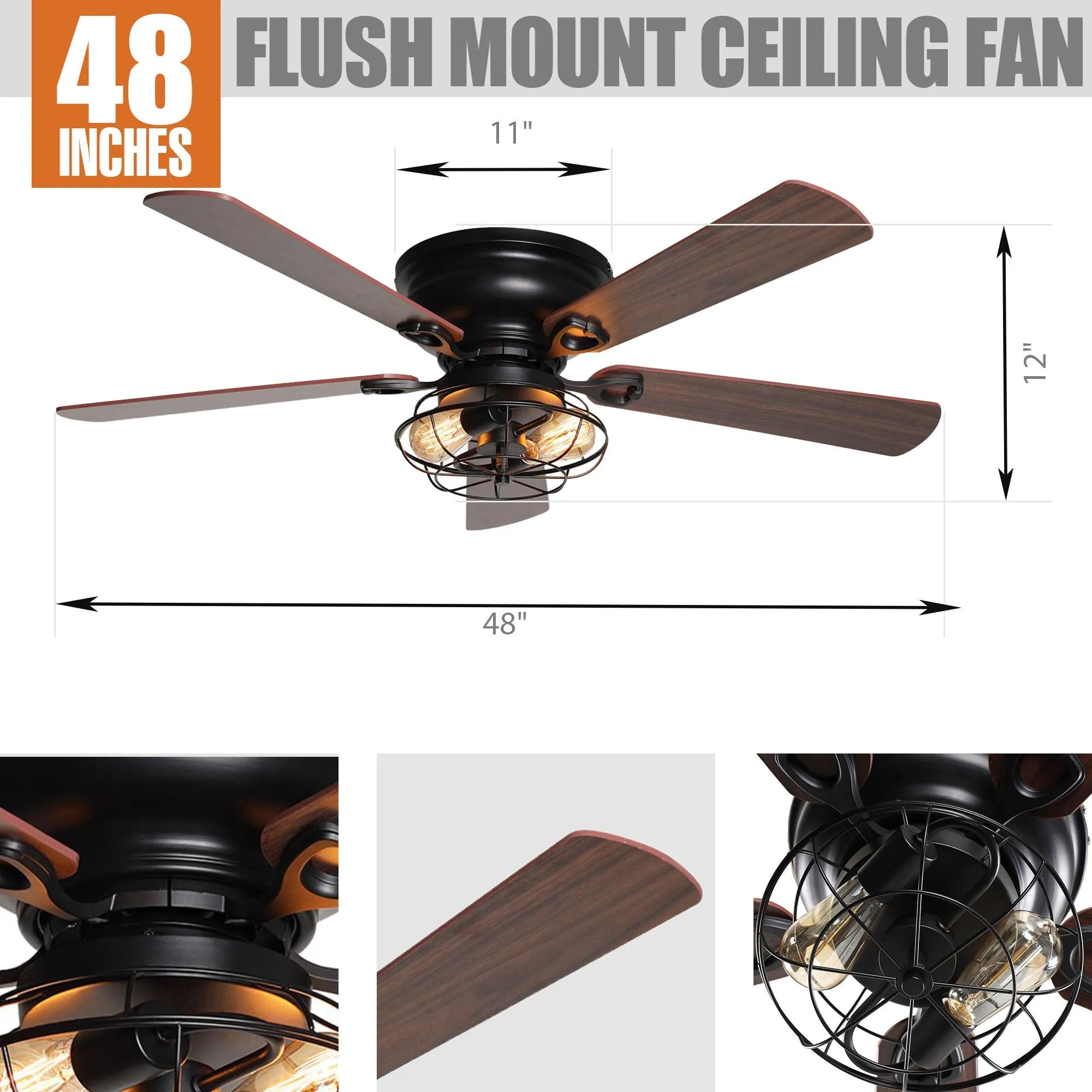 48" Ummuhan Industrial Flush Mount Ceiling Fan with Lighting