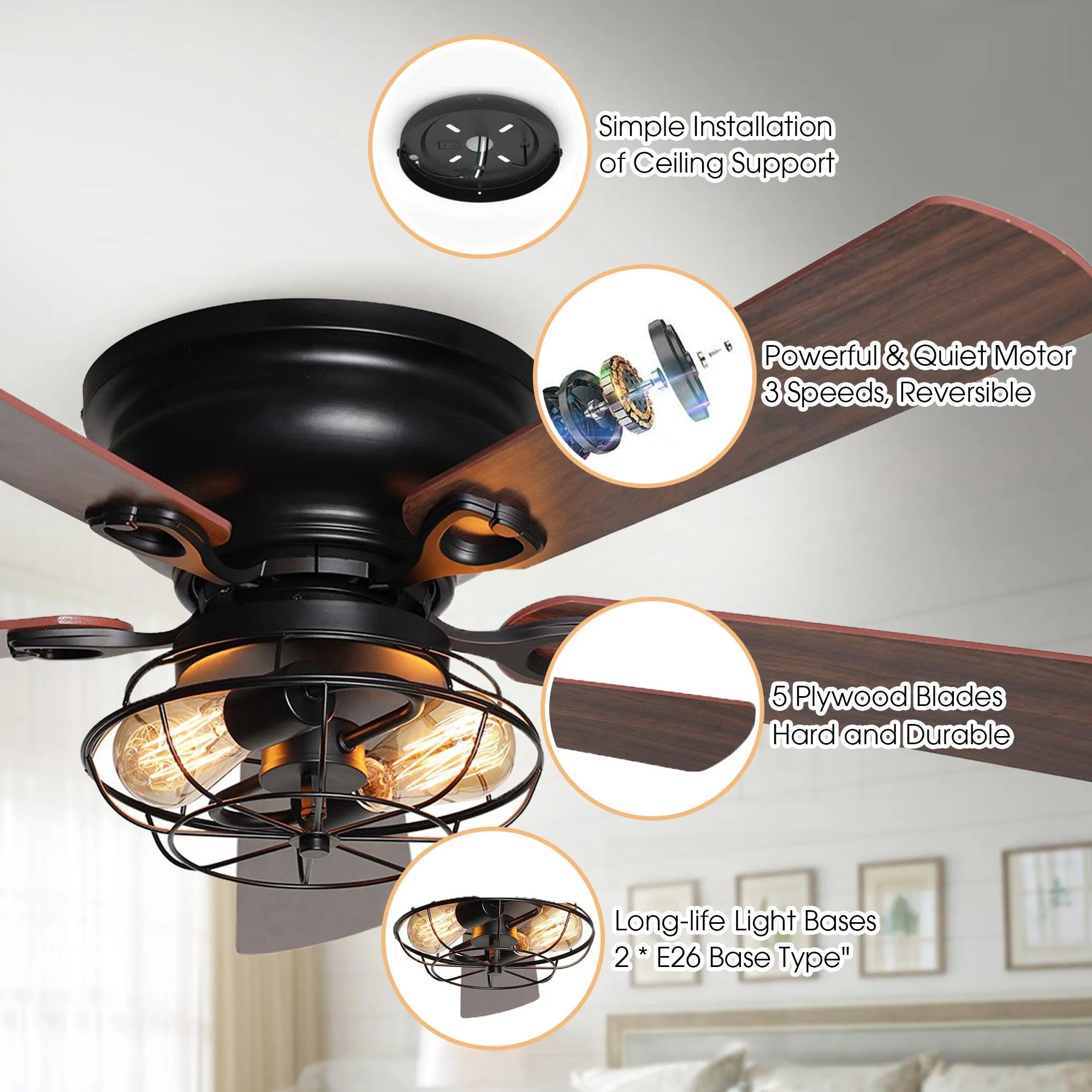 48" Ummuhan Industrial Flush Mount Ceiling Fan with Lighting