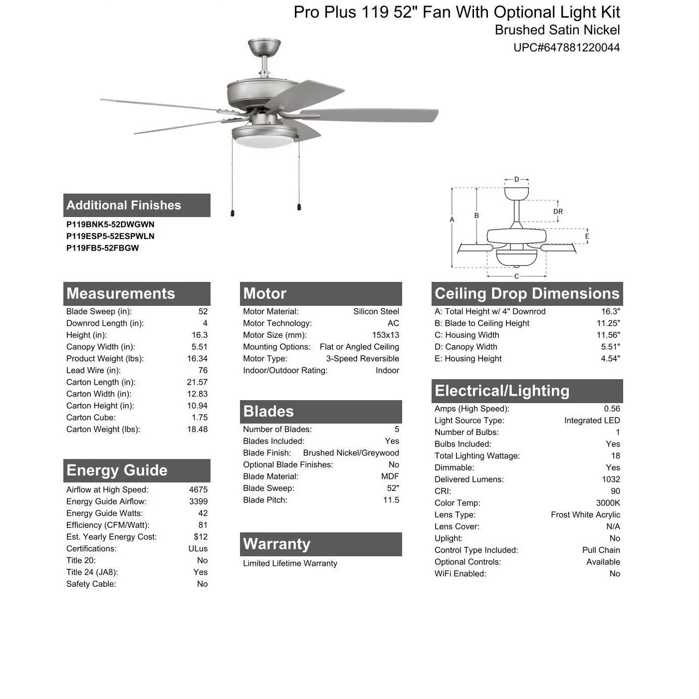 52" Pro Plus 119 in Brushed Nickel w/ Brushed Nickel/Greywood Blades