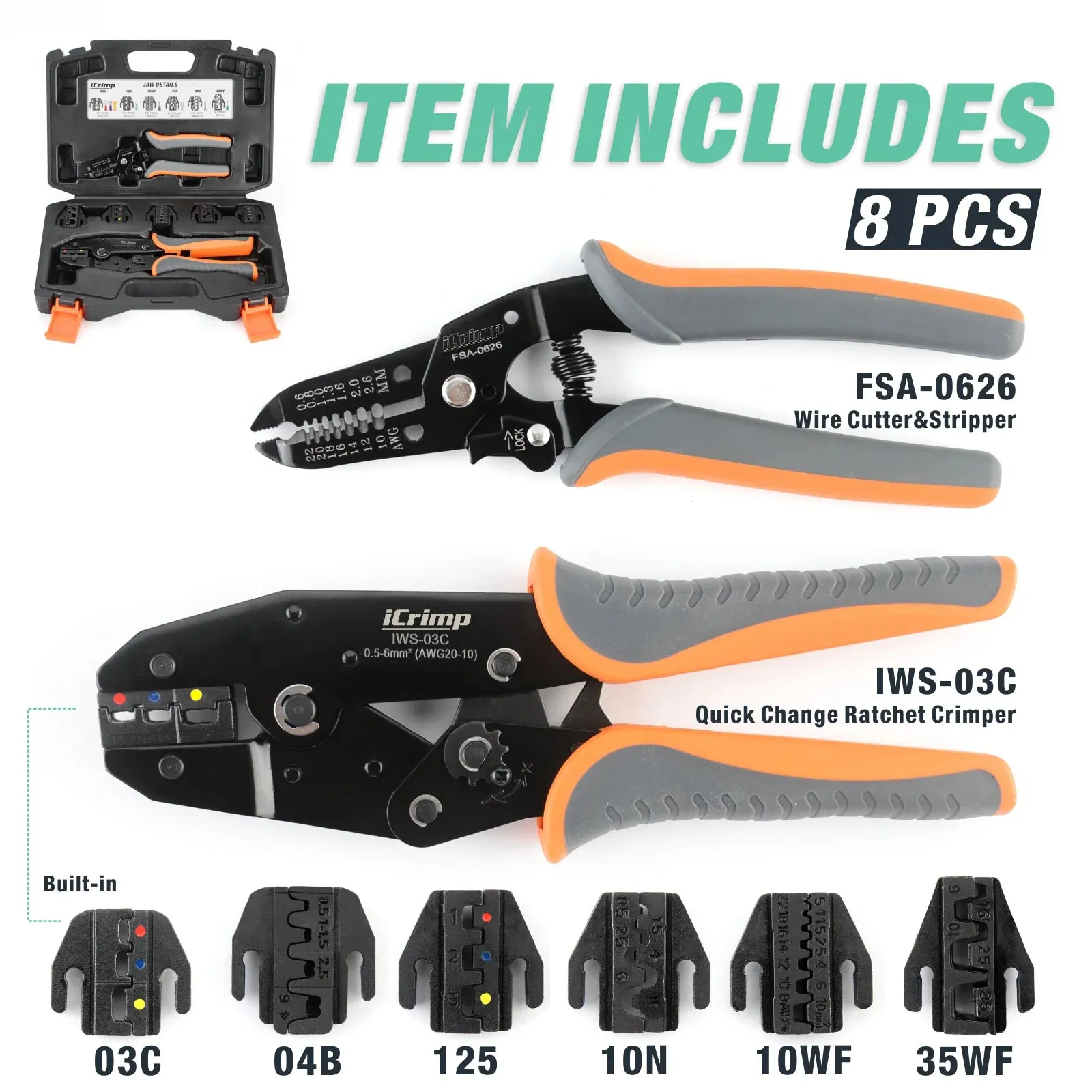 8PCS Ratcheting Crimping Tool Kit for AWG20-2 Heat Shrink, Open Barrel, Insulated and Non-Insulated Ferrules