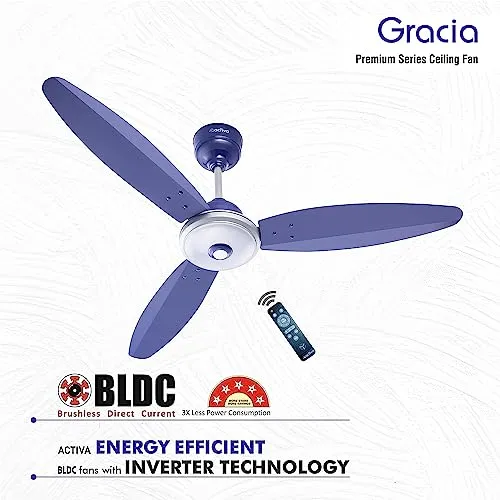 ACTIVA Gracia 1200 MM (28 Watts) BLDC Motor Fan With LED Light |Remote| 3 Blade Energy Saving Ceiling Fan With 5 Year Warranty Pack Of 2 (Silver Blue)