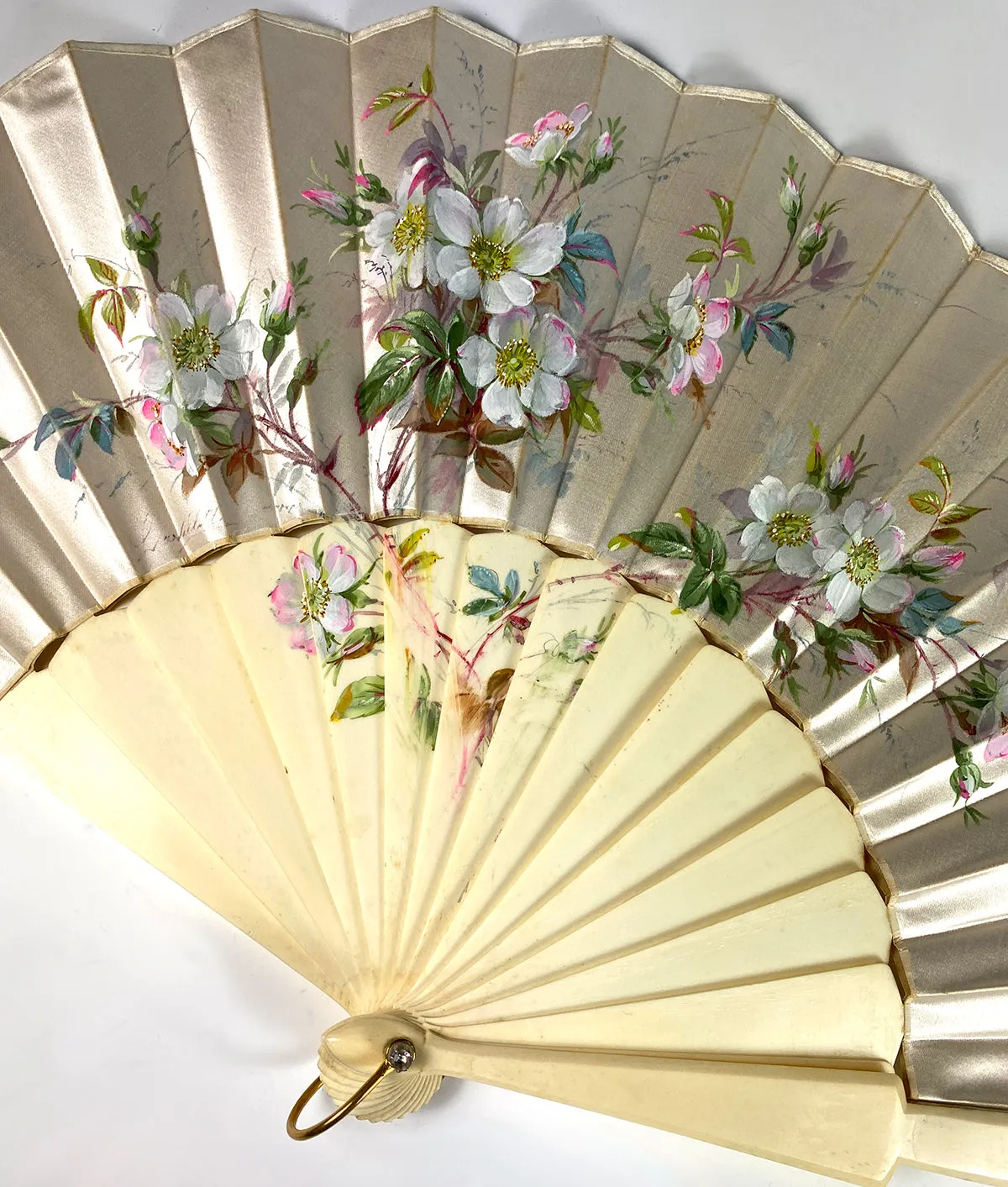 Antique French Hand Painted Silk Fan Geslin, Paris, c.1880 26.5 cm Ivory Monture with Original Box and Label