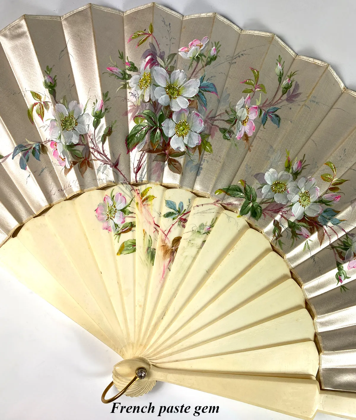 Antique French Hand Painted Silk Fan Geslin, Paris, c.1880 26.5 cm Ivory Monture with Original Box and Label