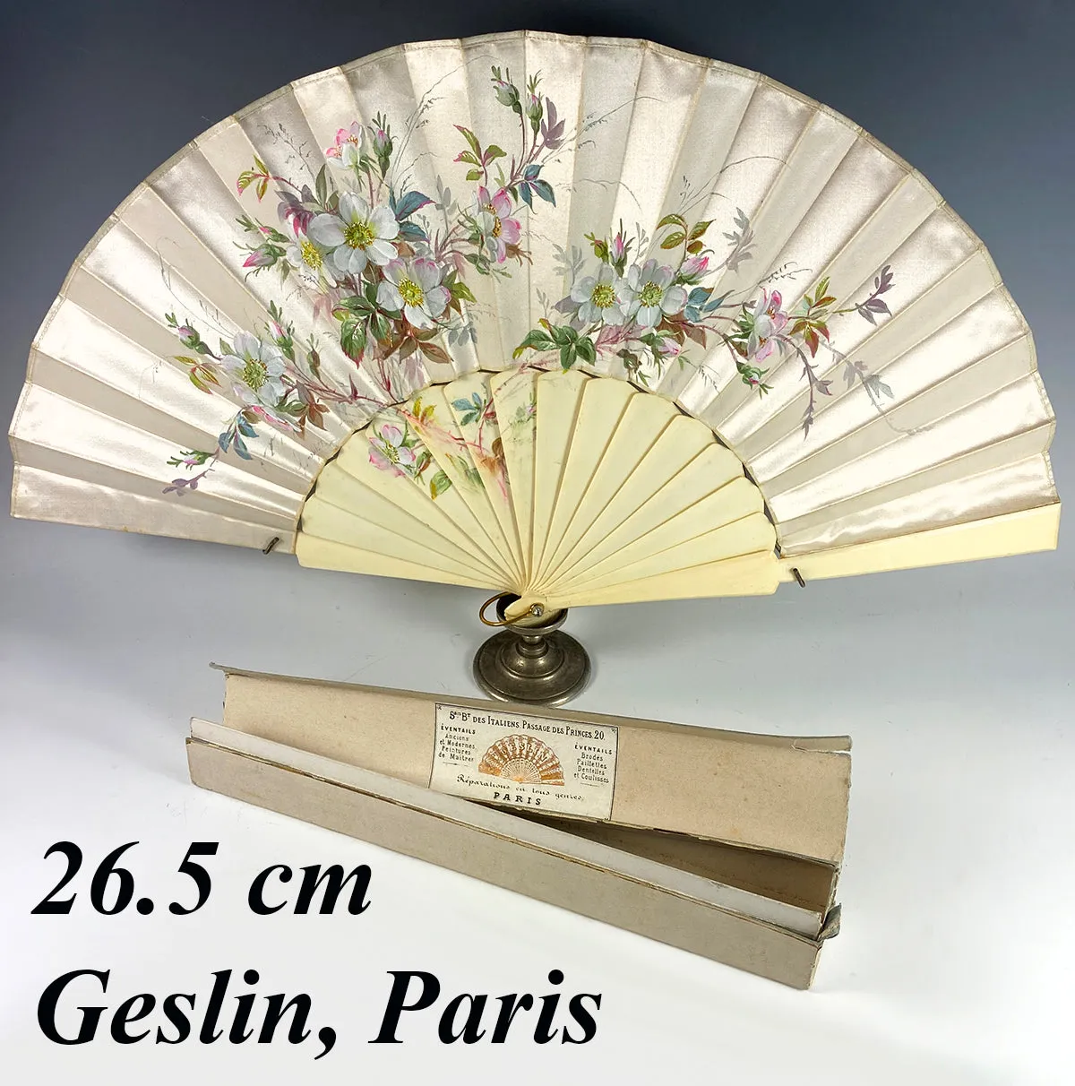 Antique French Hand Painted Silk Fan Geslin, Paris, c.1880 26.5 cm Ivory Monture with Original Box and Label