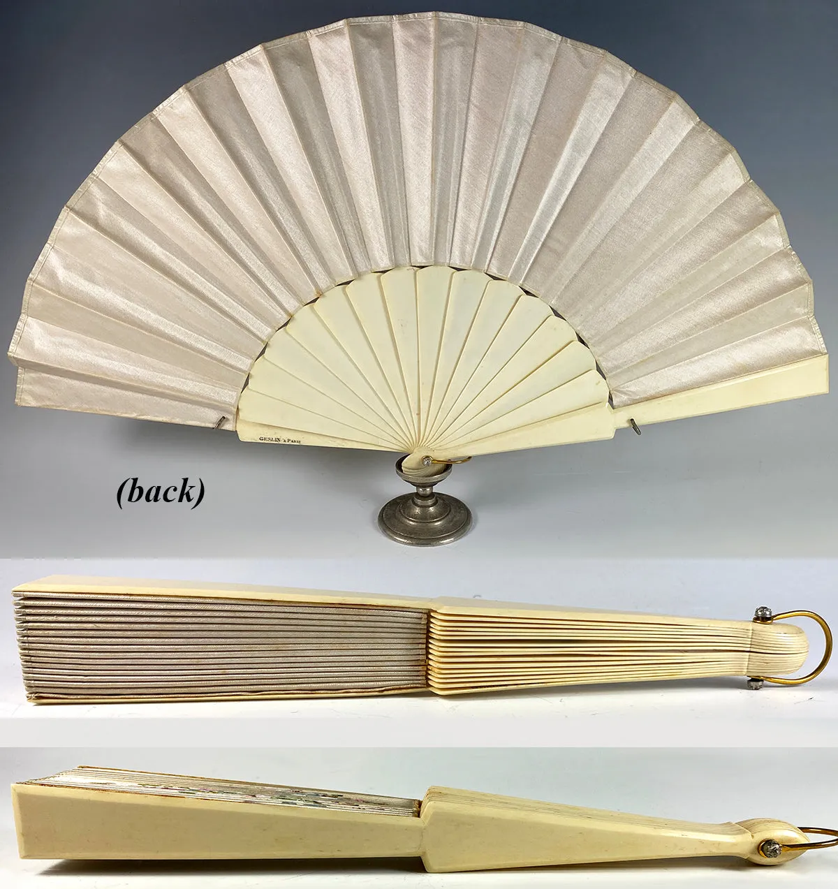 Antique French Hand Painted Silk Fan Geslin, Paris, c.1880 26.5 cm Ivory Monture with Original Box and Label