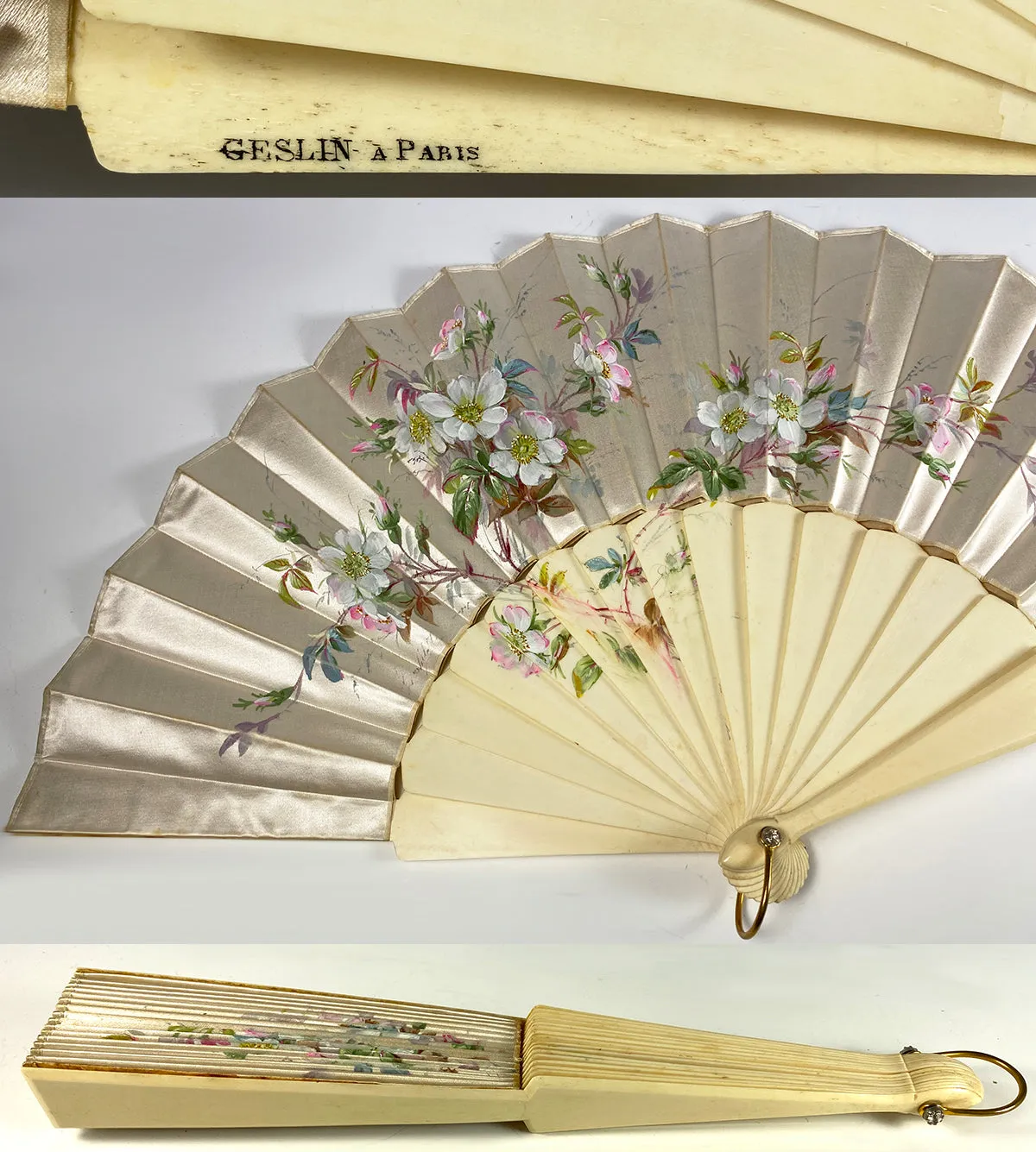 Antique French Hand Painted Silk Fan Geslin, Paris, c.1880 26.5 cm Ivory Monture with Original Box and Label