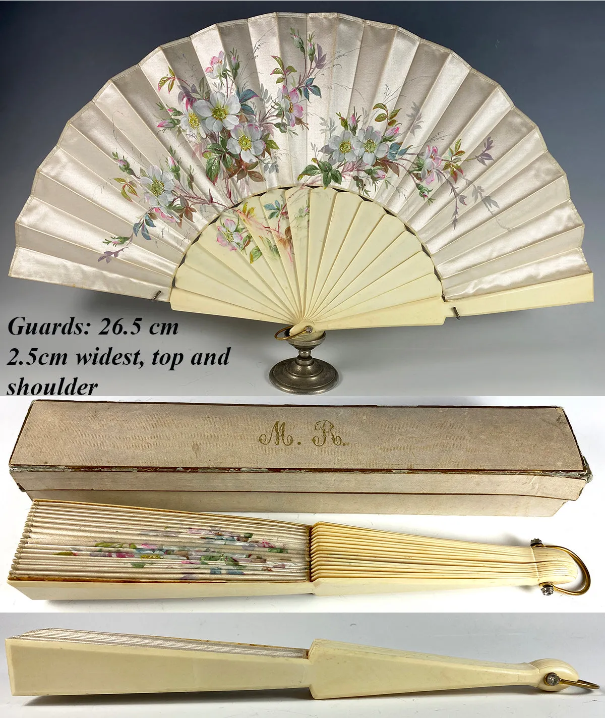 Antique French Hand Painted Silk Fan Geslin, Paris, c.1880 26.5 cm Ivory Monture with Original Box and Label