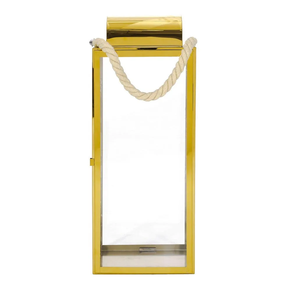 Bobby 22 Inch Lantern, Gold Stainless Steel, Curved Cap, Rope Handle By Casagear Home