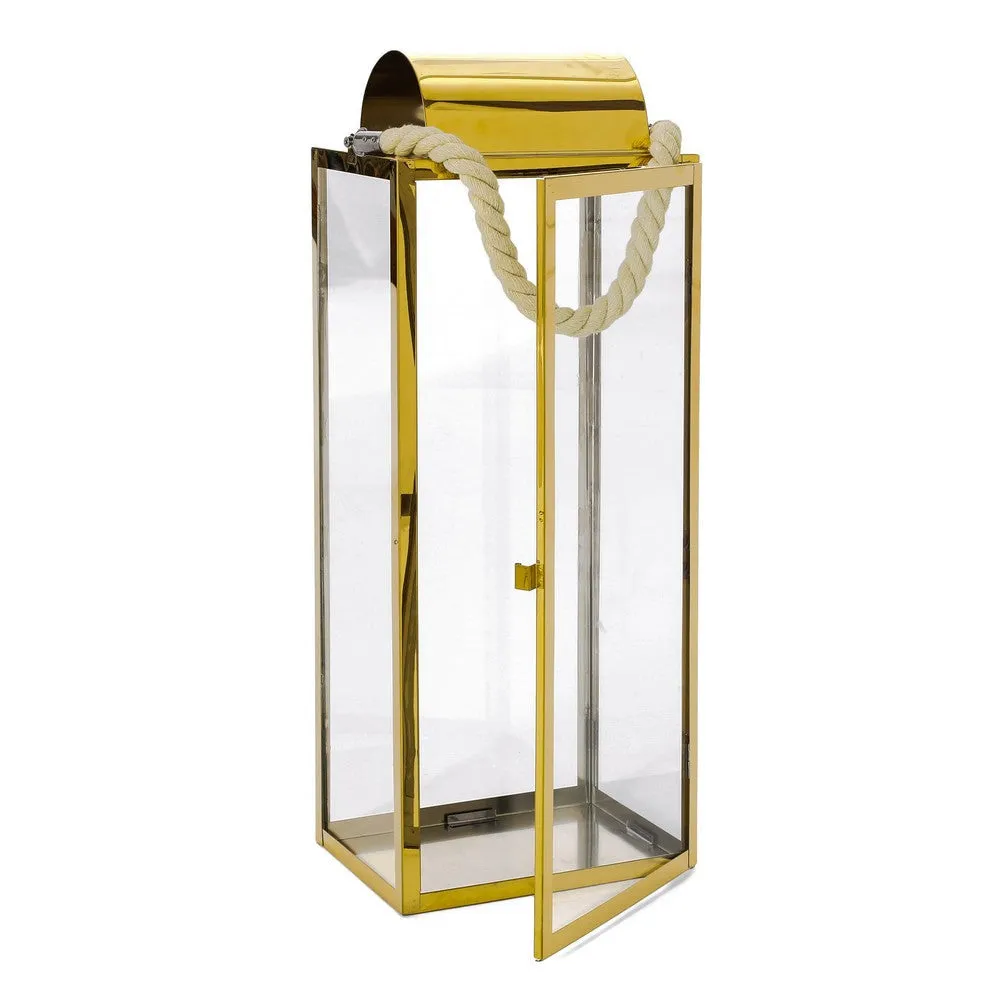 Bobby 22 Inch Lantern, Gold Stainless Steel, Curved Cap, Rope Handle By Casagear Home