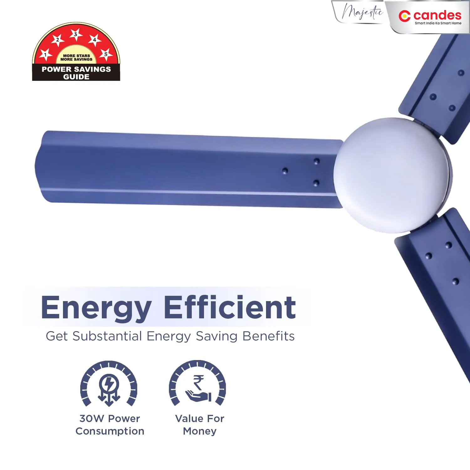 Candes Majestic BLDC LED Ceiling Fan 1200mm / 48 inch | BEE 5 Star Rated, Upto 65% Energy Saving, High Air Delivery & High Speed Ceiling Fans for Home | 2 1 Years Warranty (Majestic-WBL-RMT)