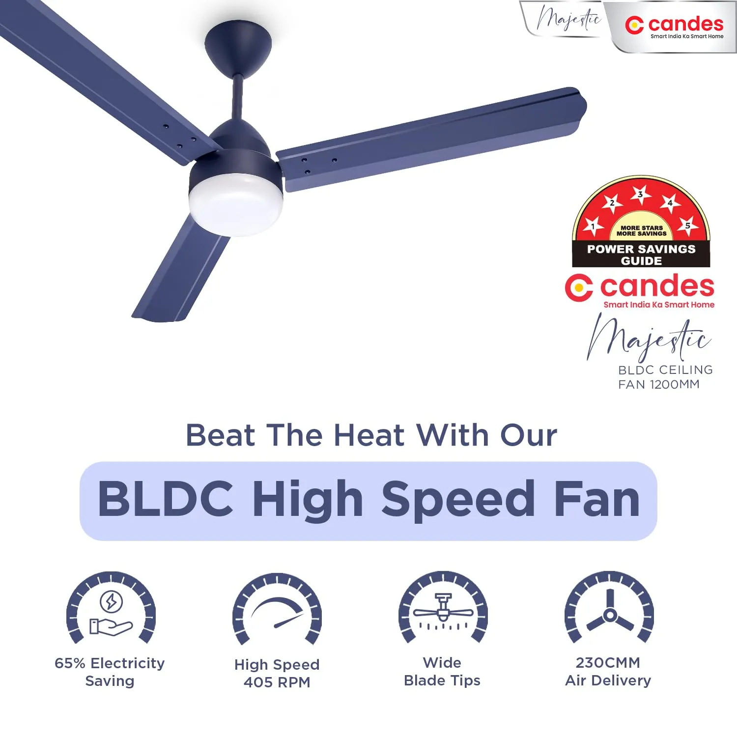 Candes Majestic BLDC LED Ceiling Fan 1200mm / 48 inch | BEE 5 Star Rated, Upto 65% Energy Saving, High Air Delivery & High Speed Ceiling Fans for Home | 2 1 Years Warranty (Majestic-WBL-RMT)