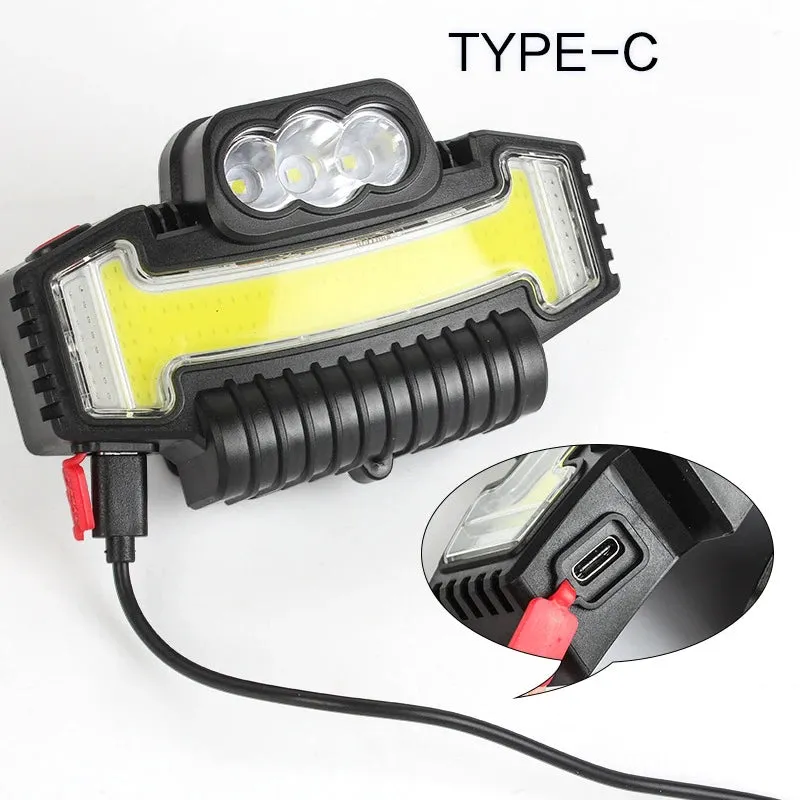 COB Glare Headlight Type-C Charging Outdoor Warning Red and Blue Flashing Variable Zoom LED Headlamp with Built-in Battery