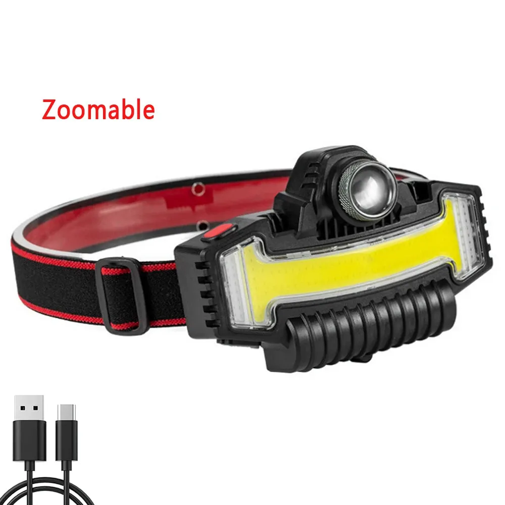 COB Glare Headlight Type-C Charging Outdoor Warning Red and Blue Flashing Variable Zoom LED Headlamp with Built-in Battery