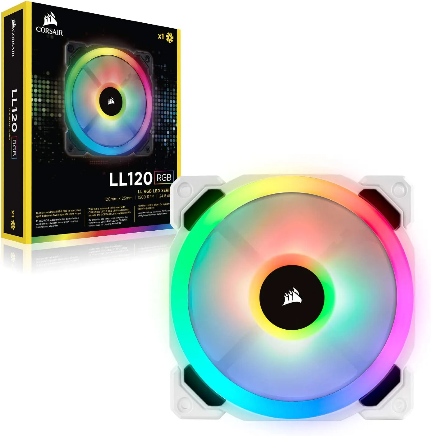 Corsair LL120 12cm PWM RGB Case Fan, 16 LED RGB Dual Light Loop, Hydraulic Bearing, White, Single Fan Expansion Pack