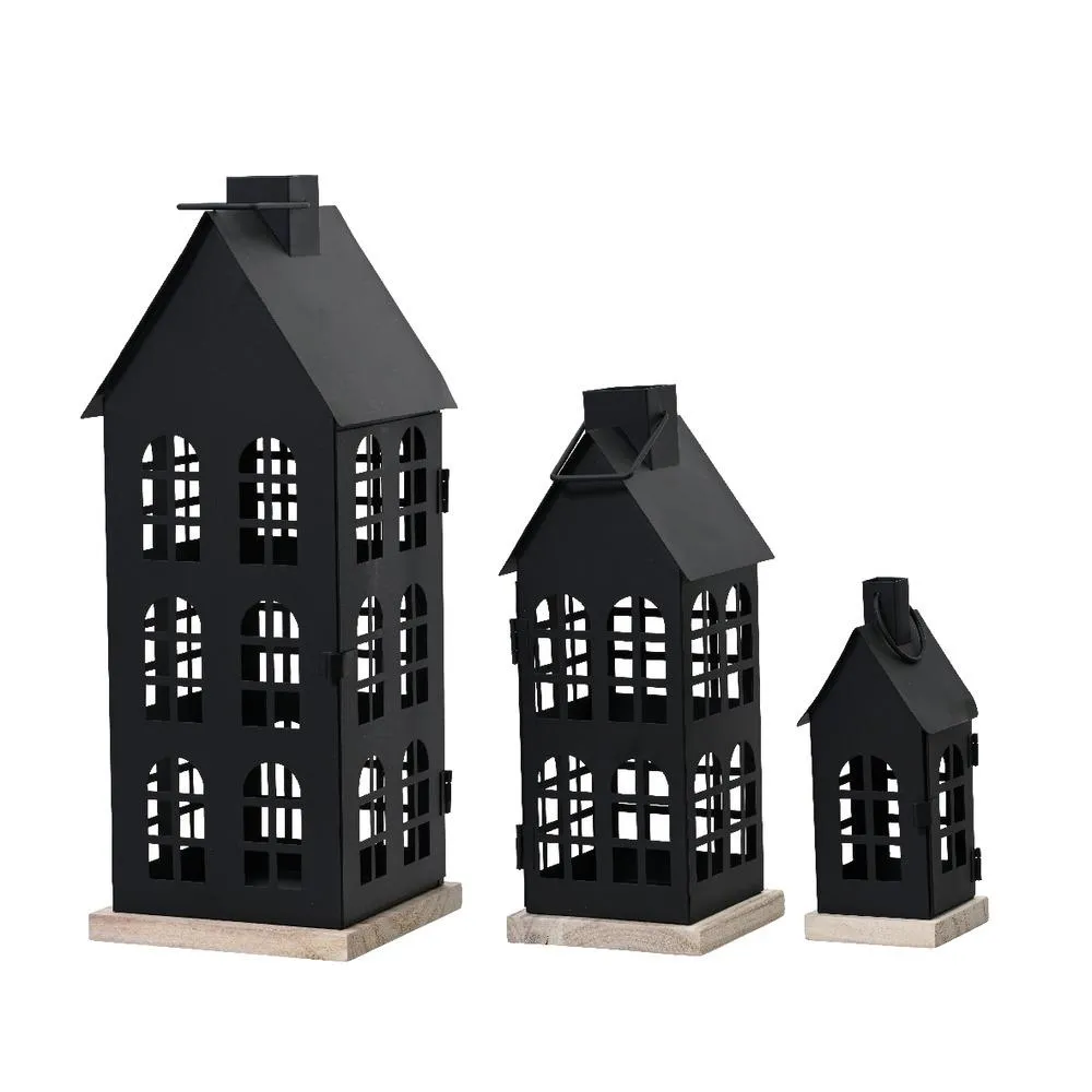 Decoris Iron House Lantern Set of 3 with Wooden Base