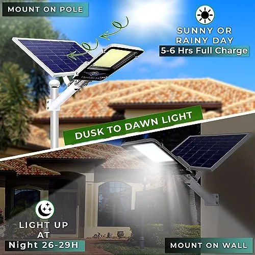 Florida Sky 2300Watt Solar Street Lights Outdoor Waterproof - 185000LM Led Solar Street Lights Outdoor Dusk to Dawn with Motion Sensor, Large Capacity Battery Pack of 2