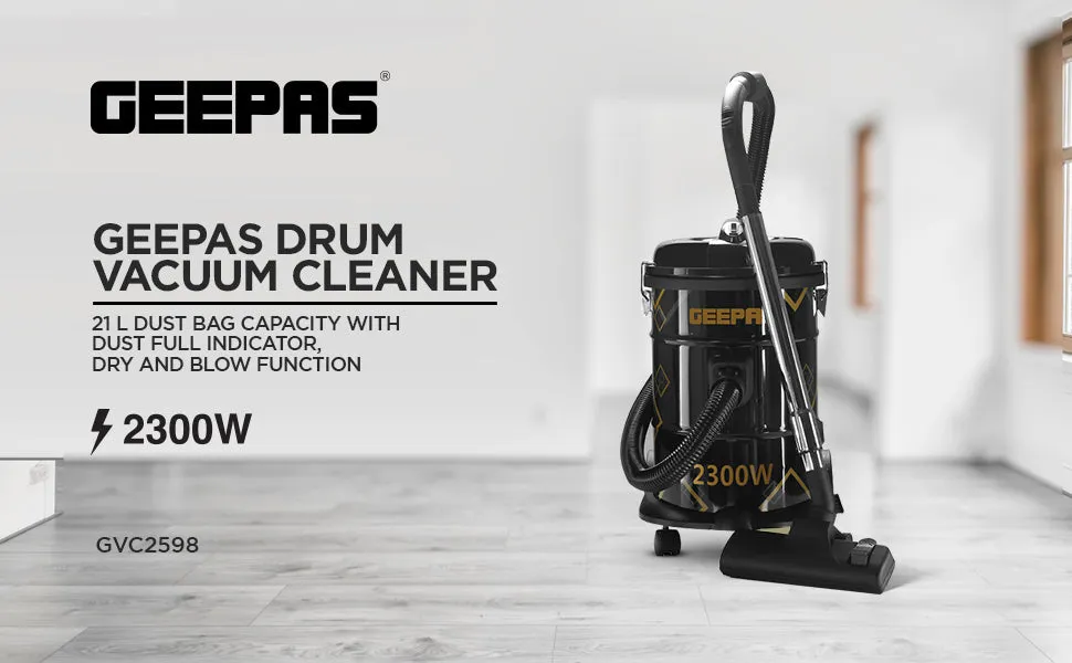 GEEPAS Drum Vacuum Cleaner, 2300Watts, 21Lit Large Tank, Copper Powerful Motor, Black