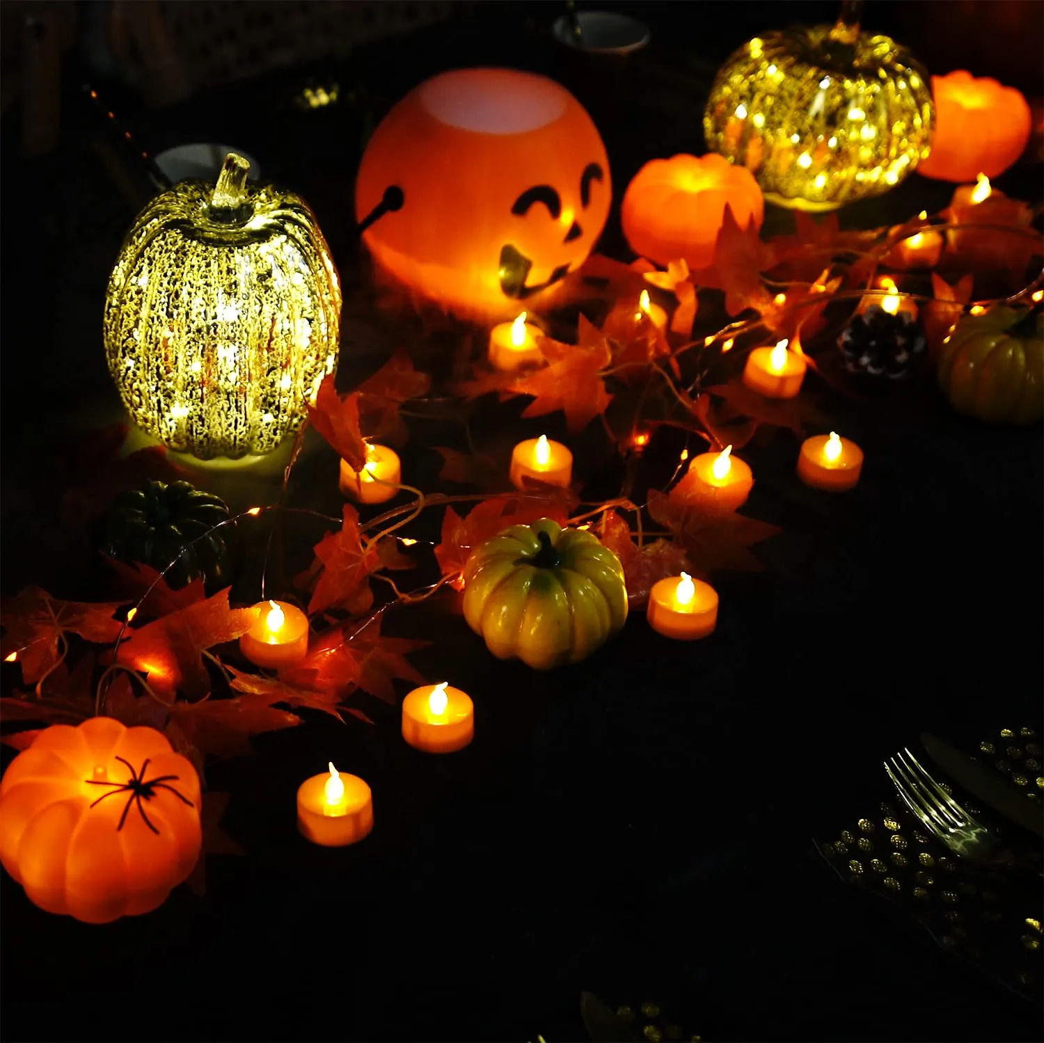 Halloween 24 Pack Orange Tea Light Candles, Battery Operated LED Tealights, Small Pumpkins Lights with Warm White Bulb, Flameless, Electric Fake Tea Candles Realistic for Halloween, Pumpkin Lanterns