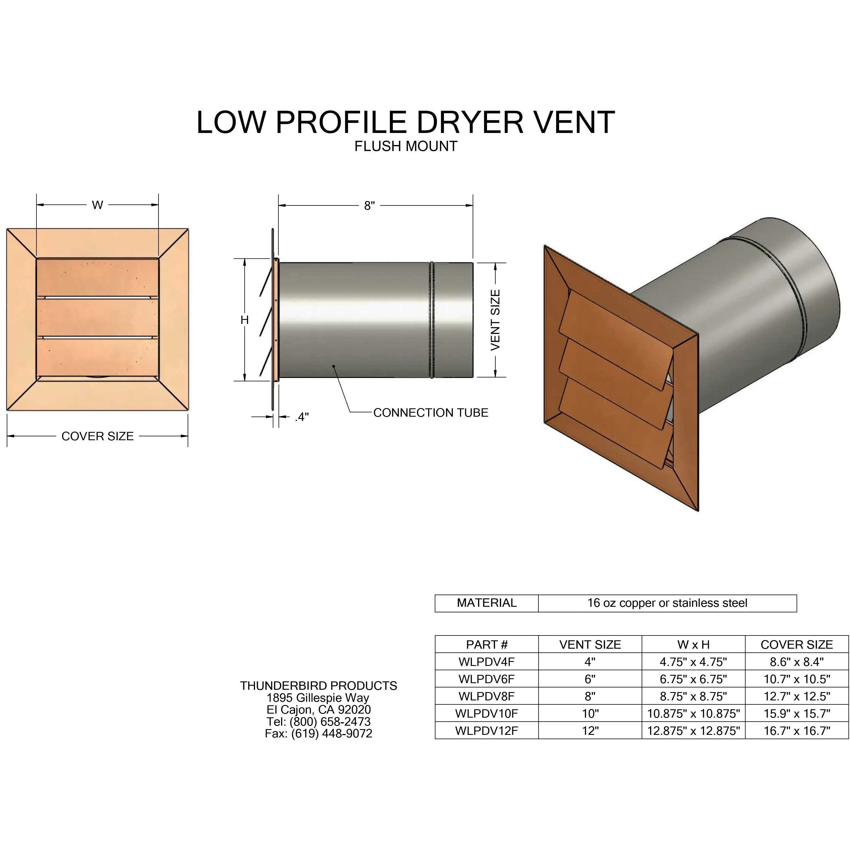 Hammered Copper Low Profile Louvered Dryer Vent - Exhaust Vent (4"-12")