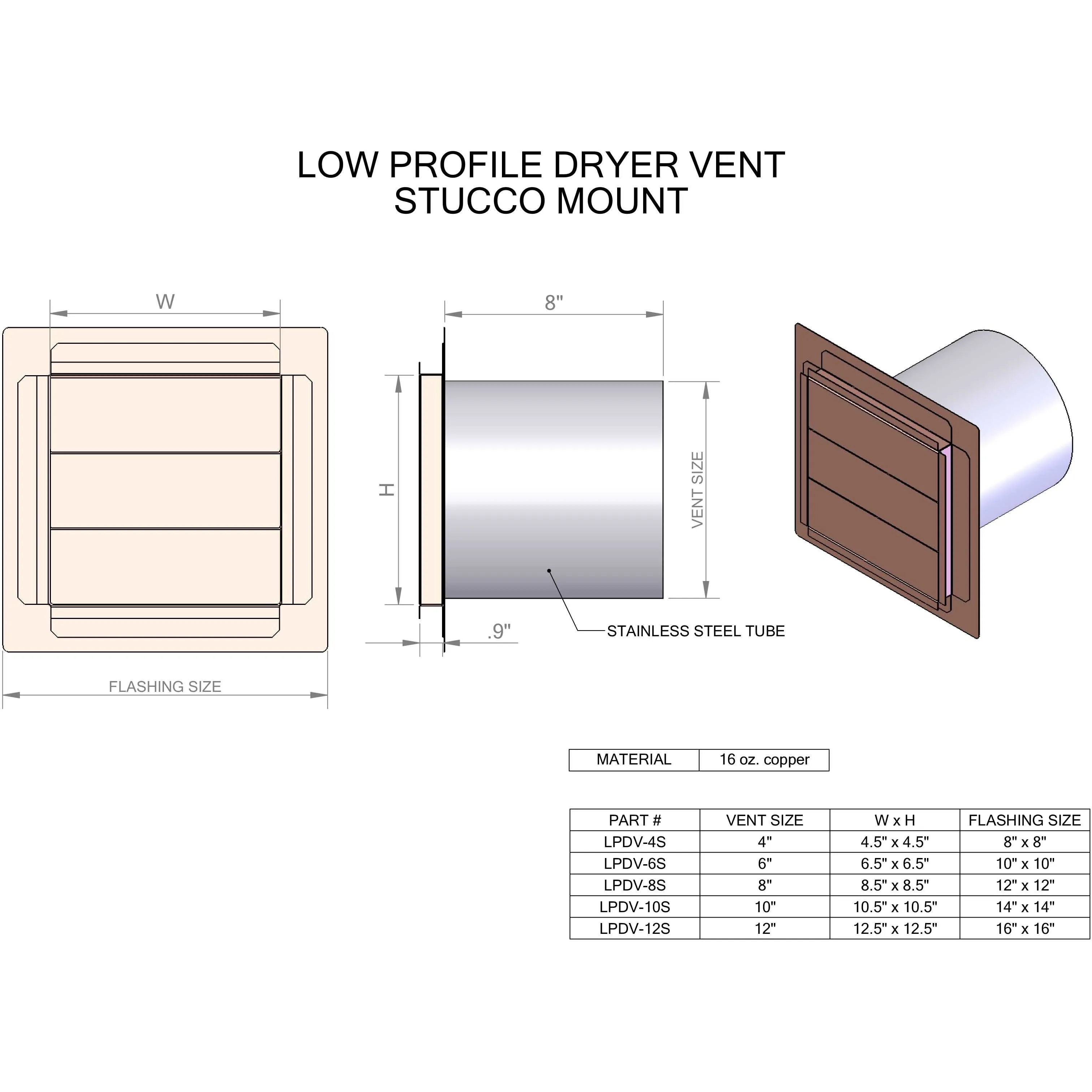 Hammered Copper Low Profile Louvered Dryer Vent - Exhaust Vent (4"-12")