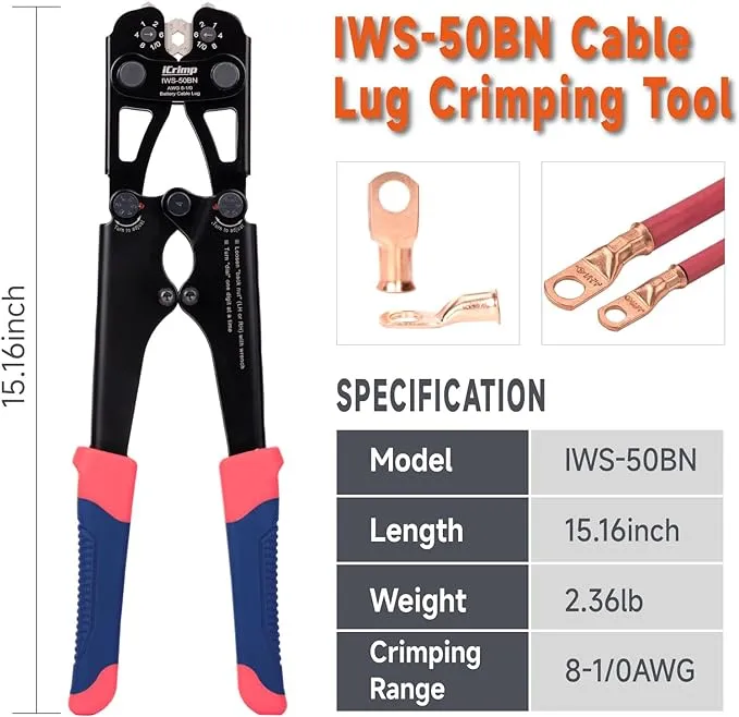 IWS-50BN Battery Cable Lug Crimper Kit for AWG 8-1/0 Electrical Lug with Cable Cutter & Stripper