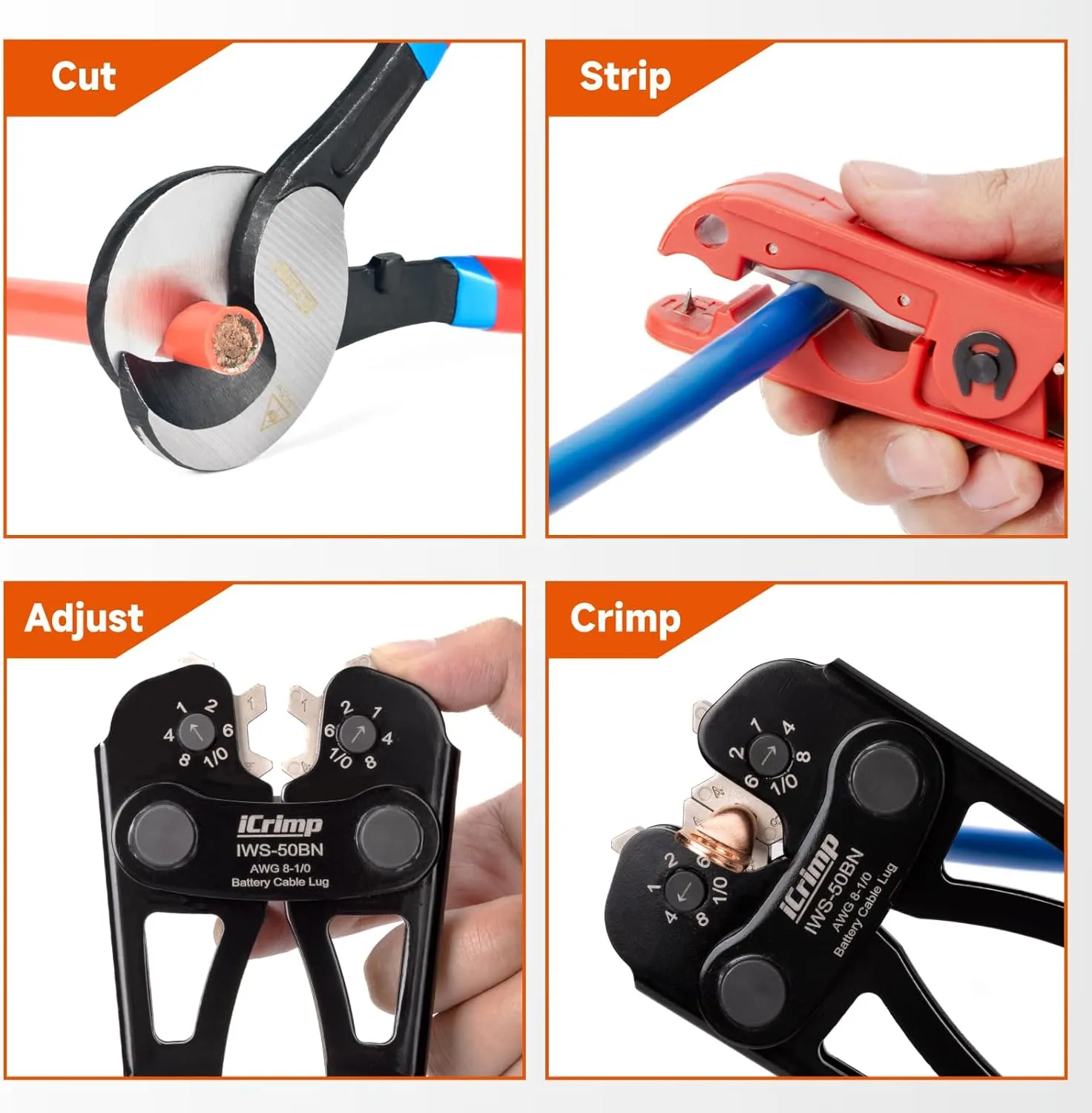 IWS-50BN Battery Cable Lug Crimper Kit for AWG 8-1/0 Electrical Lug with Cable Cutter & Stripper