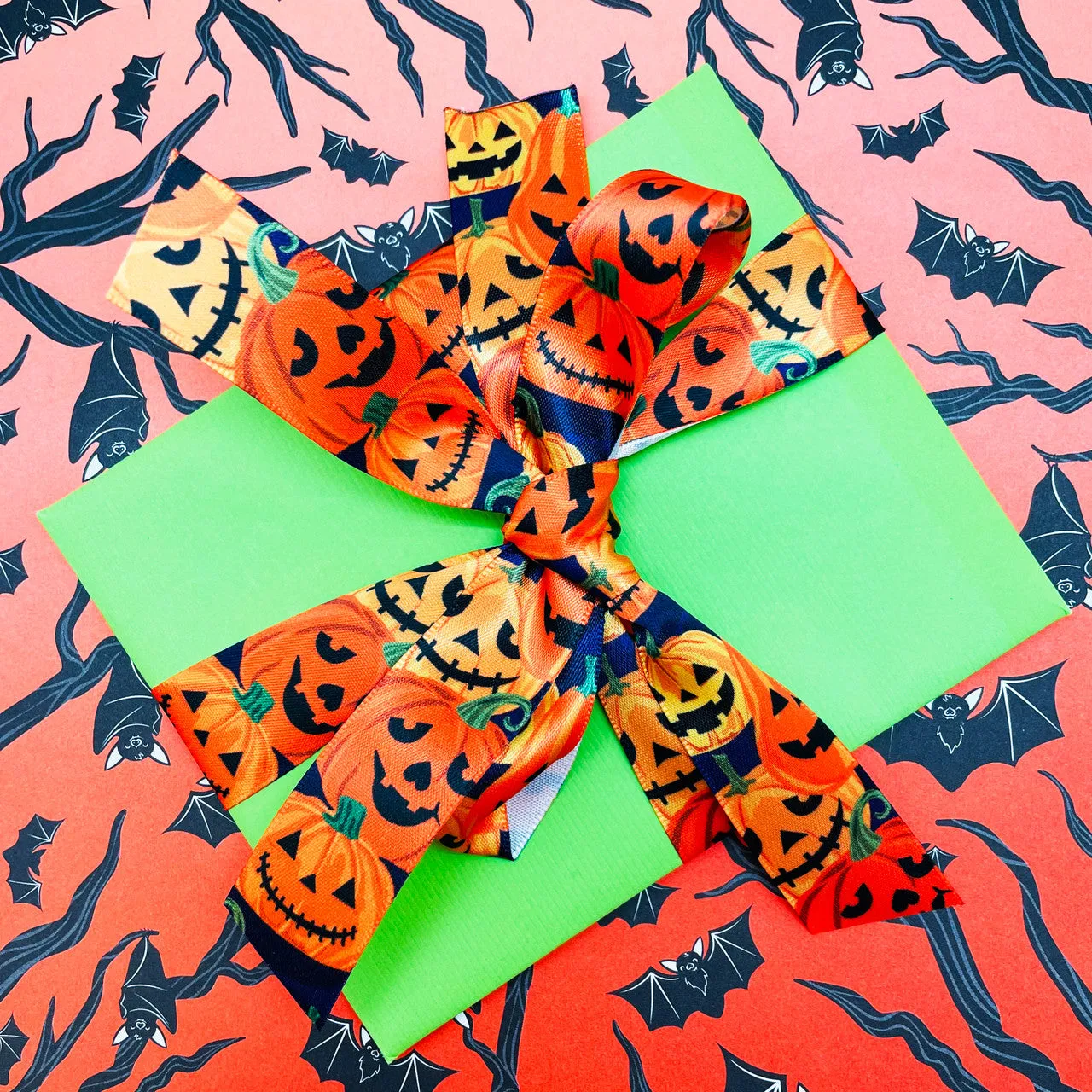 Jack O' Lantern Ribbon, on 5/8" and  7/8" White Single Face Satin