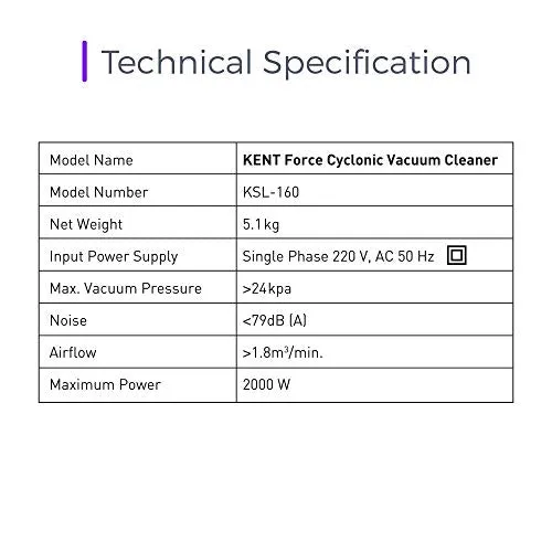 KENT Force Cyclonic Vacuum Cleaner 2000-Watt (White and Silver)