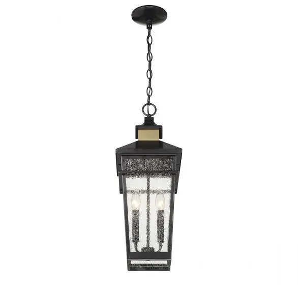 KINGSLEY 2-LIGHT OUTDOOR HANGING LANTERN, MATTE BLACK W/ WARM BRASS ACCENTS