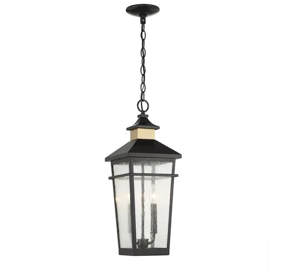 KINGSLEY 2-LIGHT OUTDOOR HANGING LANTERN, MATTE BLACK W/ WARM BRASS ACCENTS