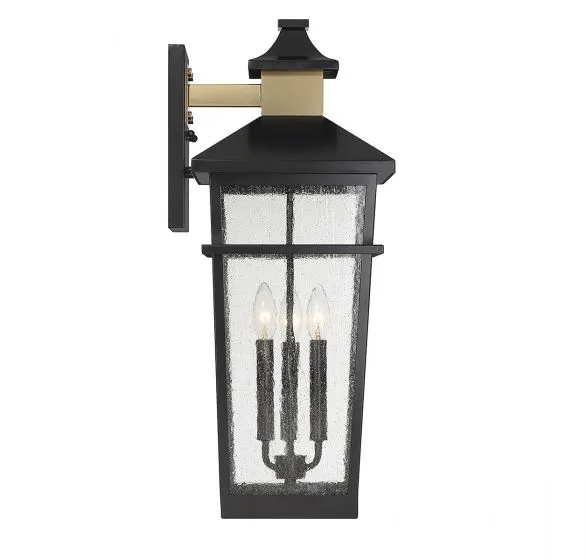 KINGSLEY 3-LIGHT OUTDOOR WALL LANTERN, MATTE BLACK W/ WARM BRASS ACCENTS