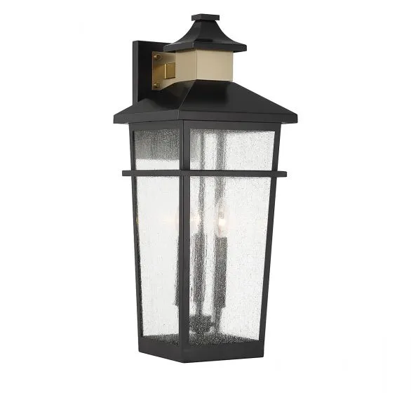 KINGSLEY 3-LIGHT OUTDOOR WALL LANTERN, MATTE BLACK W/ WARM BRASS ACCENTS