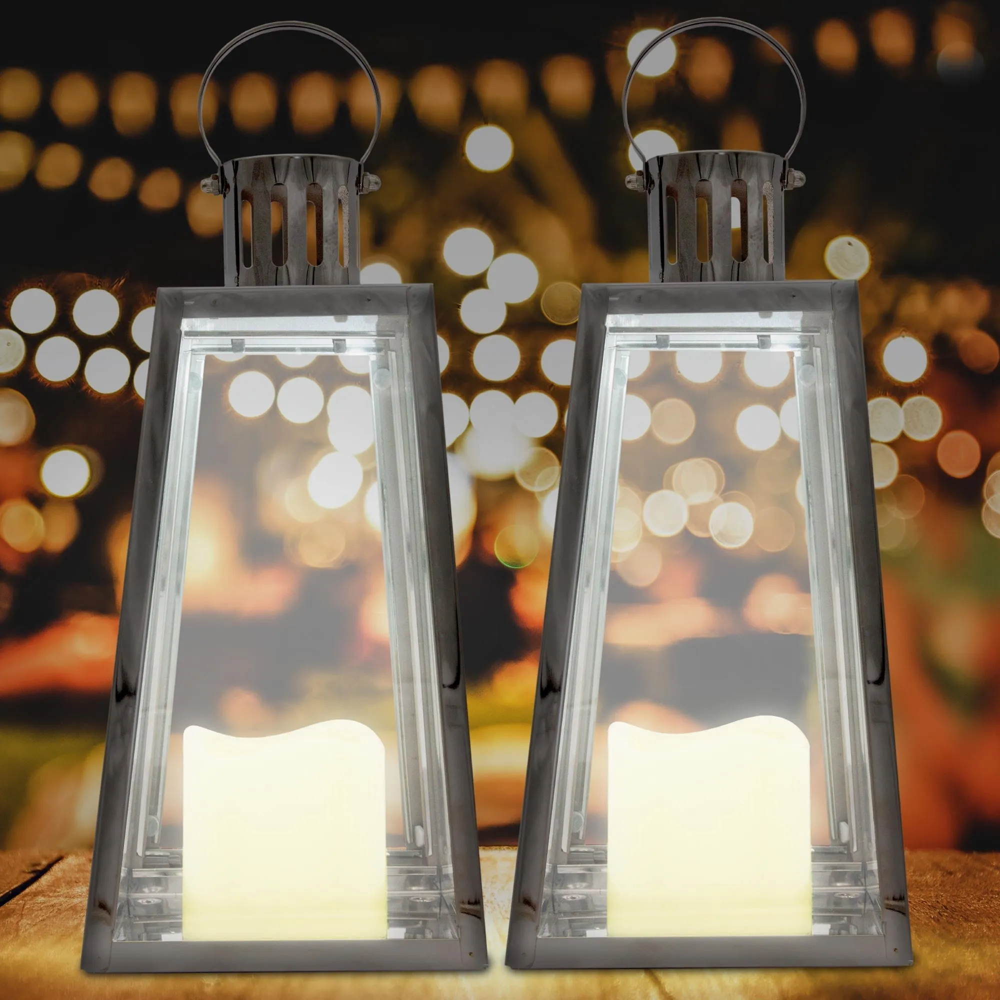 Lewis's Triangular Lanterns Candle Holders with Candles Set of 2 - 14.5x13.5x28.5cm