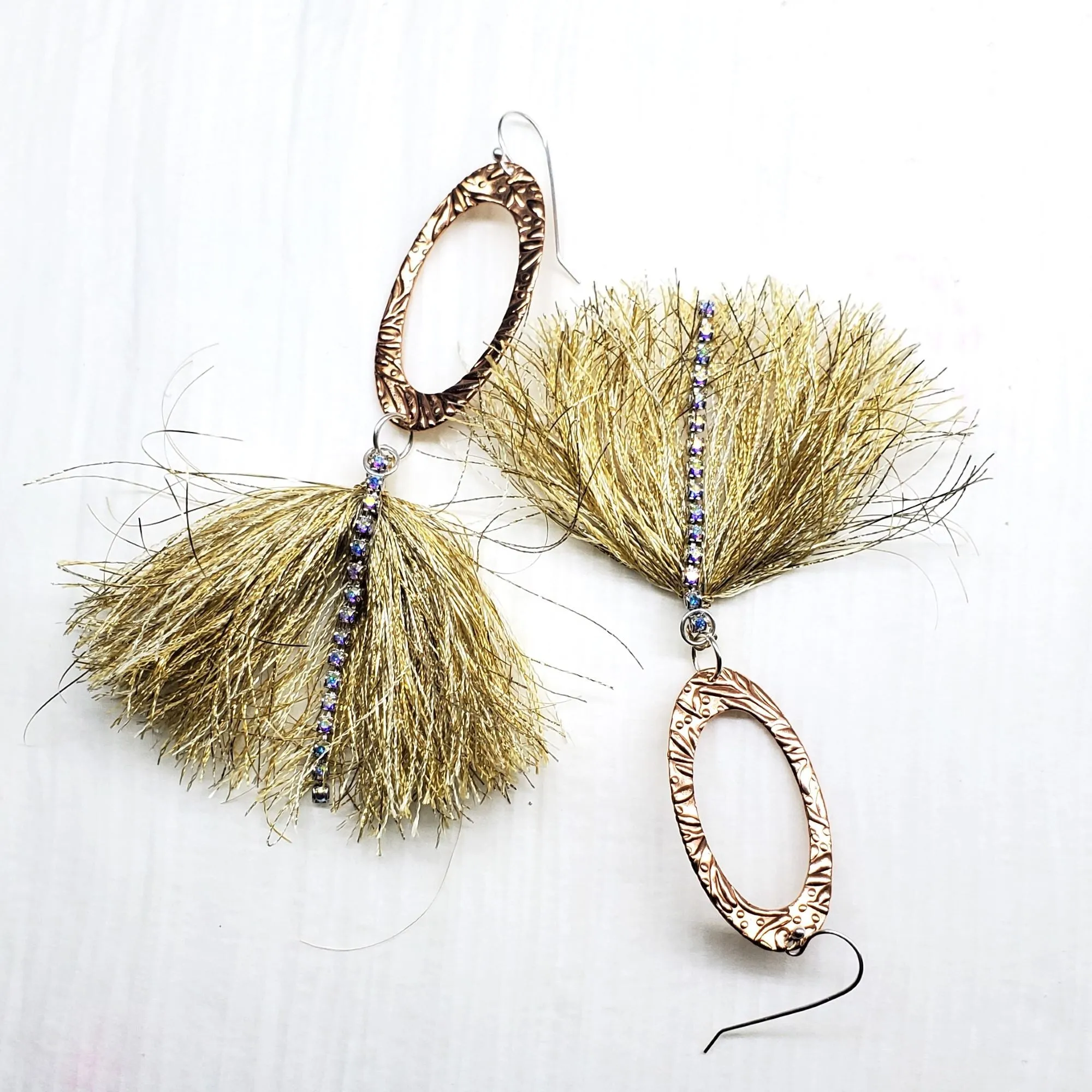 Long Copper Pointed Oval Embossed Gold Metal Thread Fan Tassel Earrings