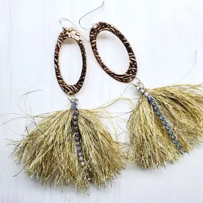 Long Copper Pointed Oval Embossed Gold Metal Thread Fan Tassel Earrings