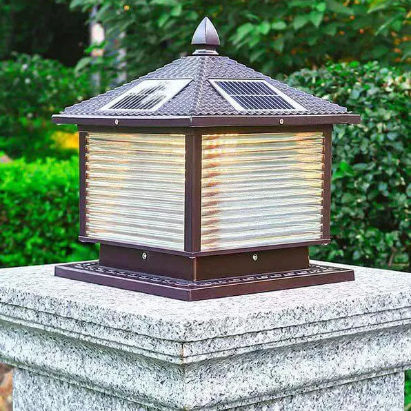 Modern Retro Square Die-Cast Aluminum Glass Solar Outdoor Garden Landscape Column Head Light