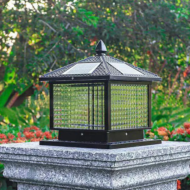 Modern Retro Square Die-Cast Aluminum Glass Solar Outdoor Garden Landscape Column Head Light