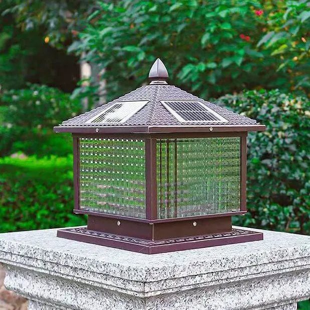 Modern Retro Square Die-Cast Aluminum Glass Solar Outdoor Garden Landscape Column Head Light