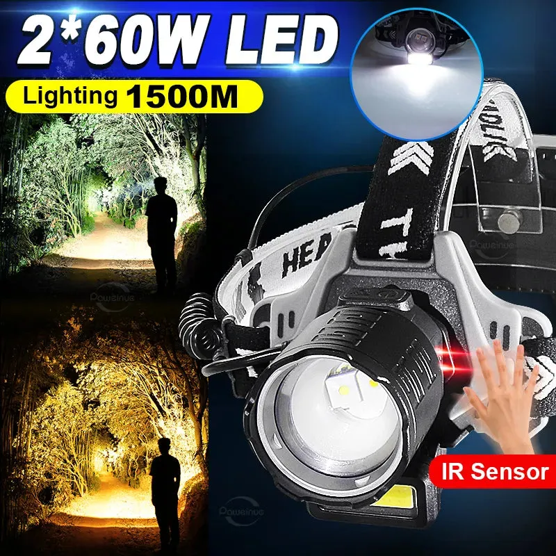 Newest Long Shot LED Headlamp 60W Powerful Head Flashlight 8000LM Yellow Light Headlight Rechargeable Head Lamp Fishing Lantern