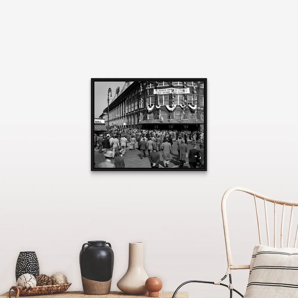 "1940's October 1947 Dodger Baseball Fans Pour Into Main Entrance Ebbets Field" Black Float Frame Canvas Art