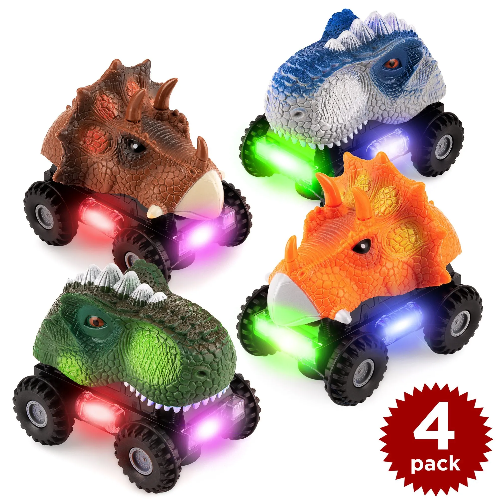 Set of 4 Kids T-Rex & Triceratops Dinosaur Bump & Go Toy Cars w/ LED Lights