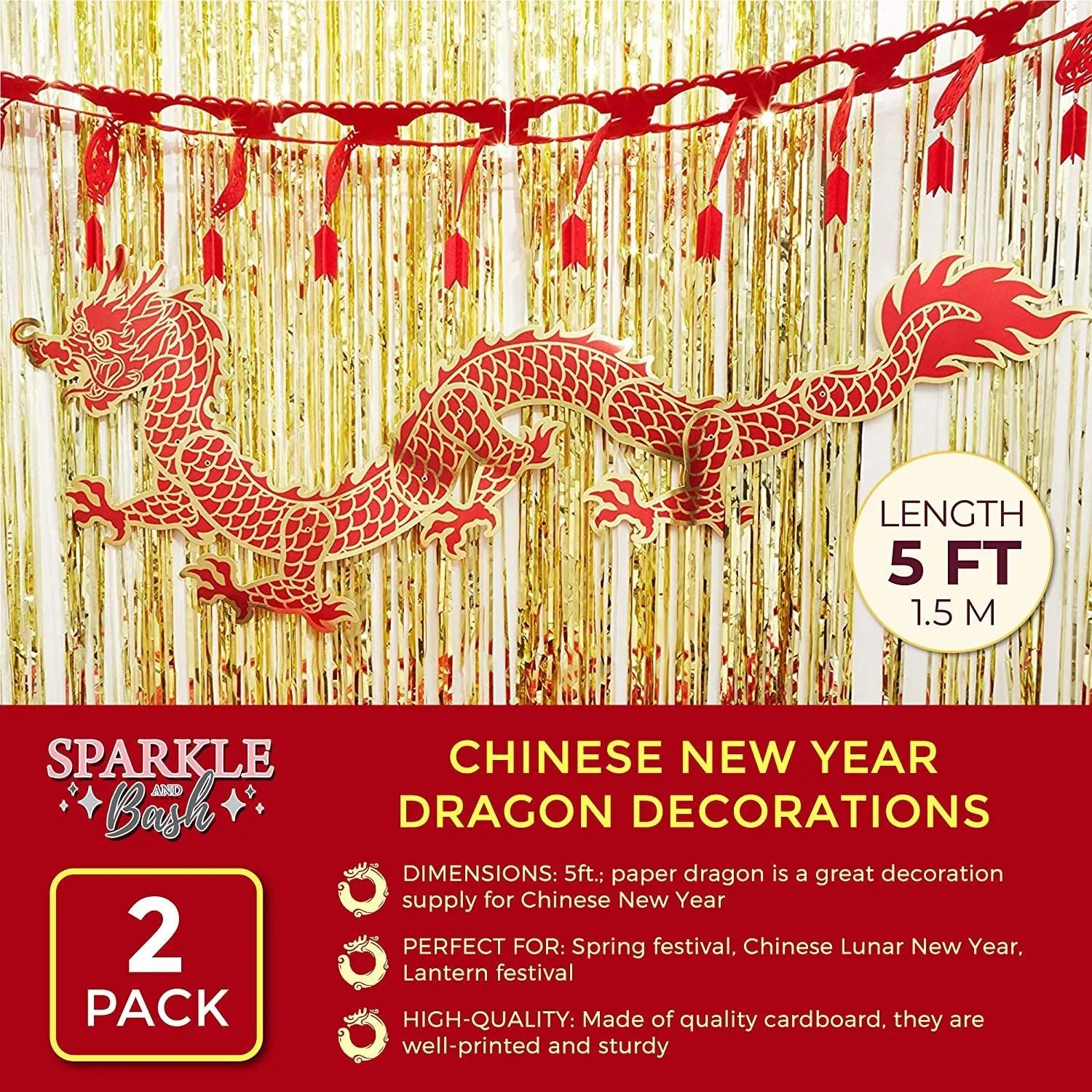 Sparkle and Bash Chinese New Year Dragon Decorations (5 ft, Paper, 2 Pack)